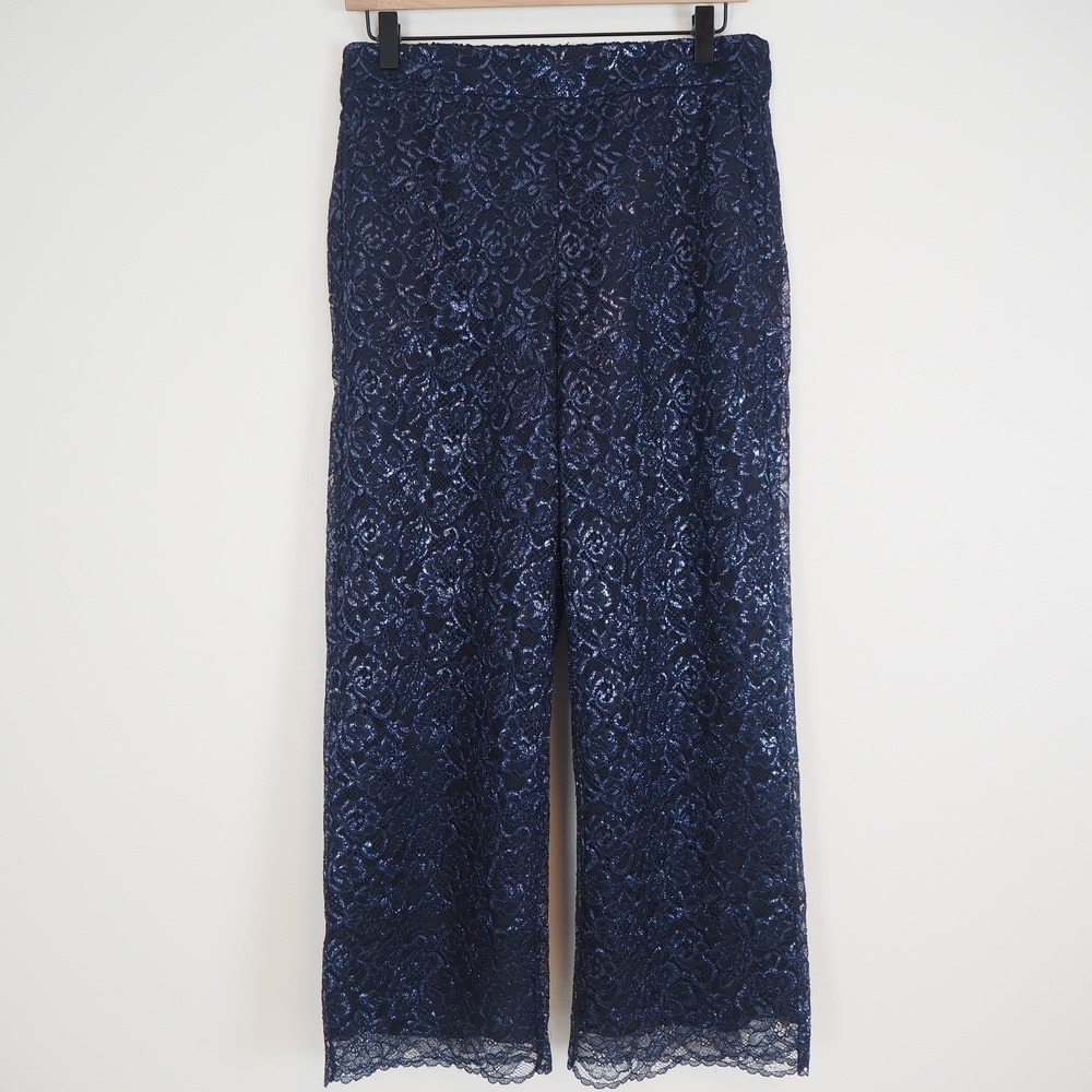 J. Crew Peyton High-Rise Pull-On Wide-Leg Pants Navy Metallic Lace Size 10 - Picture 2 of 11